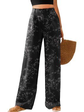Women's Black Carved White  High Waisted Button Down  Long Casual Wide Leg Pants